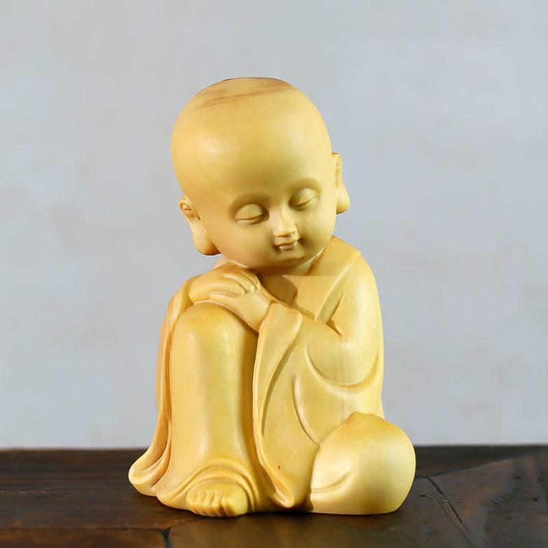 黄杨木雕刻小和尚摆件新中式禅意家居饰品木质茶宠人物摆设小沙弥