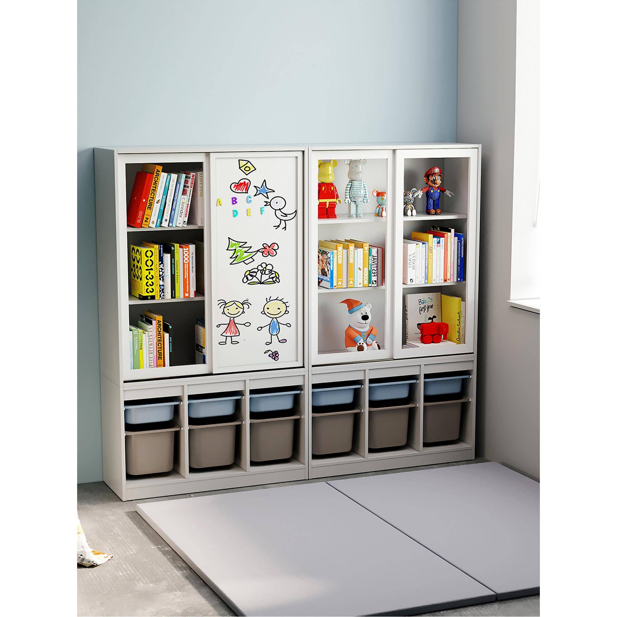 W7一体儿童门实书架绘木本架VLH多功能式收纳柜创意推拉学生书