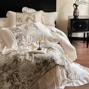 凉感丝滑被套裙 码 欧古典公主风天丝数印花四件OUC套夏季 床冰丝式