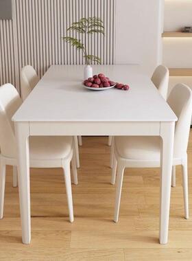 网红小白色奶油风实木长岩板餐现代简约EYS家用户桌型方形餐桌椅