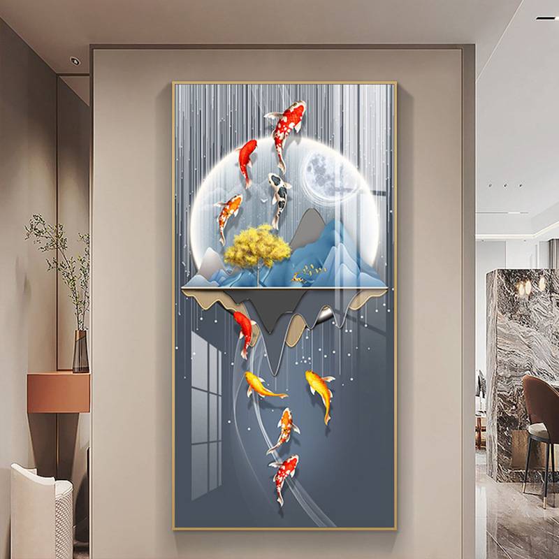 九鱼图入户玄关装饰画现代简约走廊过道竖版挂画正对门寓意好壁画图片
