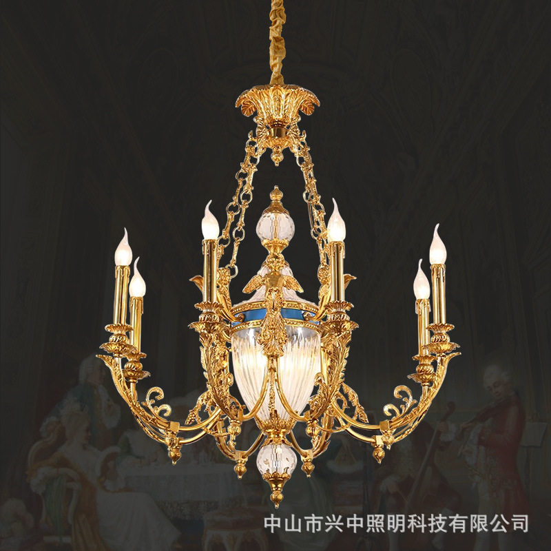 法式奢华水晶吊灯欧式全铜别墅复式客厅蜡烛灯美式复古卧室灯具