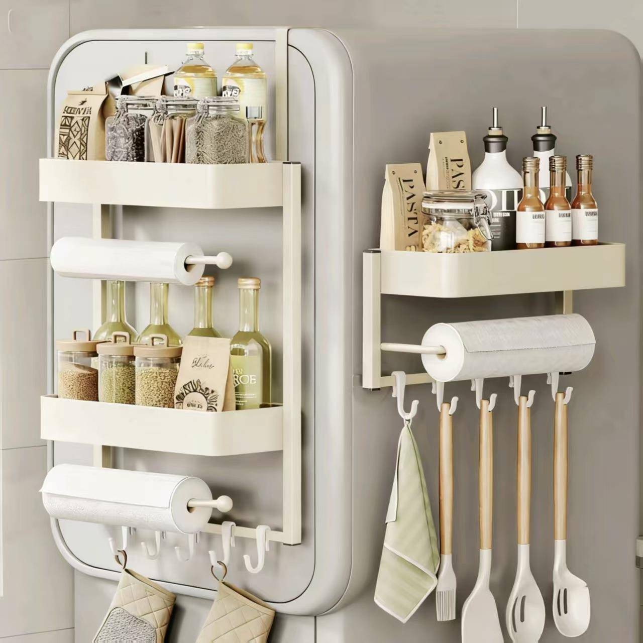 冰箱挂架免打孔厨房置物架奶白多层壁挂锅铲勺子厨具加厚收纳架