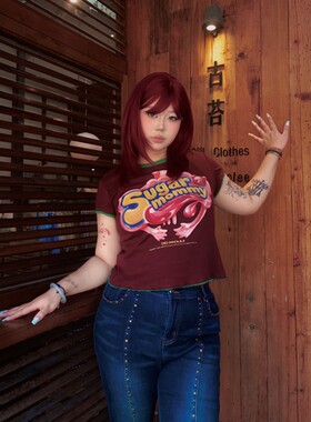 “SUGAR MOOMY”复古糖果印花韩系ins风高弹宽松短袖T恤女夏装