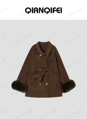 12-25H C【月光晚宴】新款轻奢千金风毛毛袖斜领双排扣大衣 25127