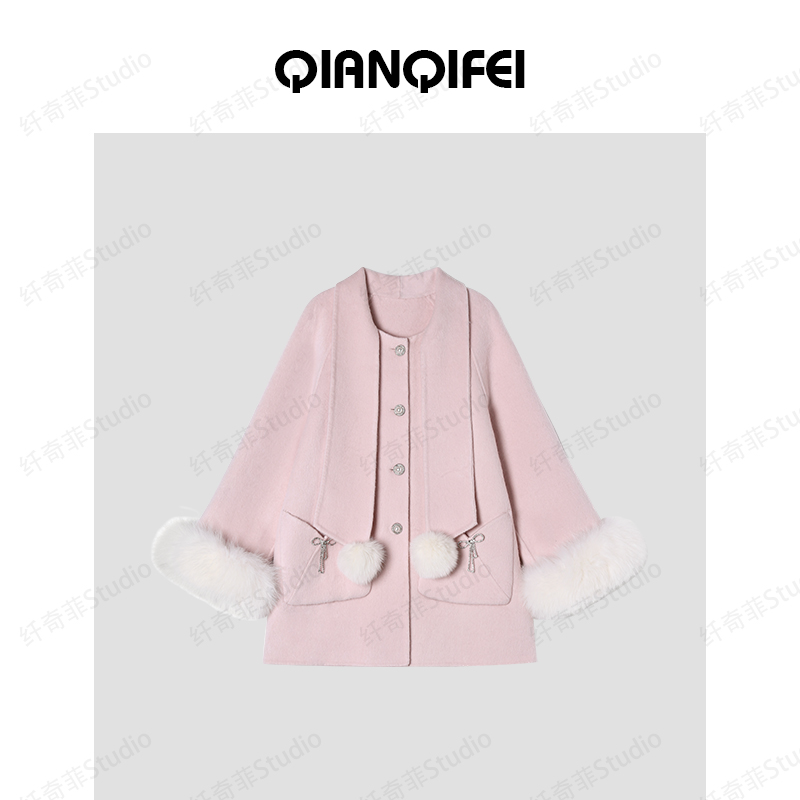 11-2F C【伦敦甜心】温柔甜美毛球围巾圆领双面大衣 25116