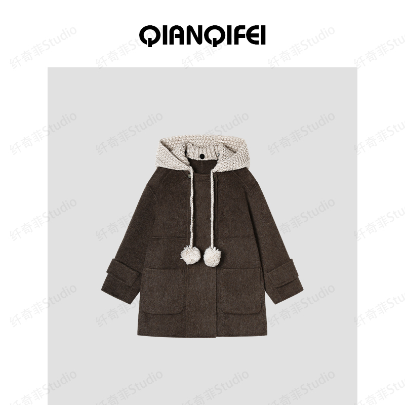 12-3H C新款针织毛球连帽学院风休闲大衣 2563