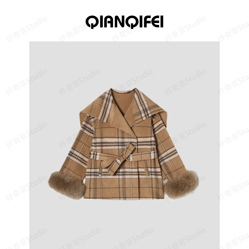 11-2F  新款老钱风高级感格纹披肩毛毛袖大衣 88117