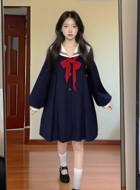设计感JK制服日系新款学院风海军领灯笼袖蝴蝶结连衣裙中长款裙子