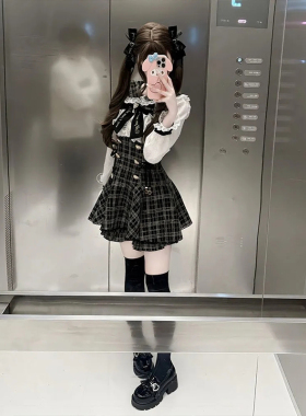 日系小香风套装裙女秋季新款设计感假两件衬衫连衣裙+短裤两件套