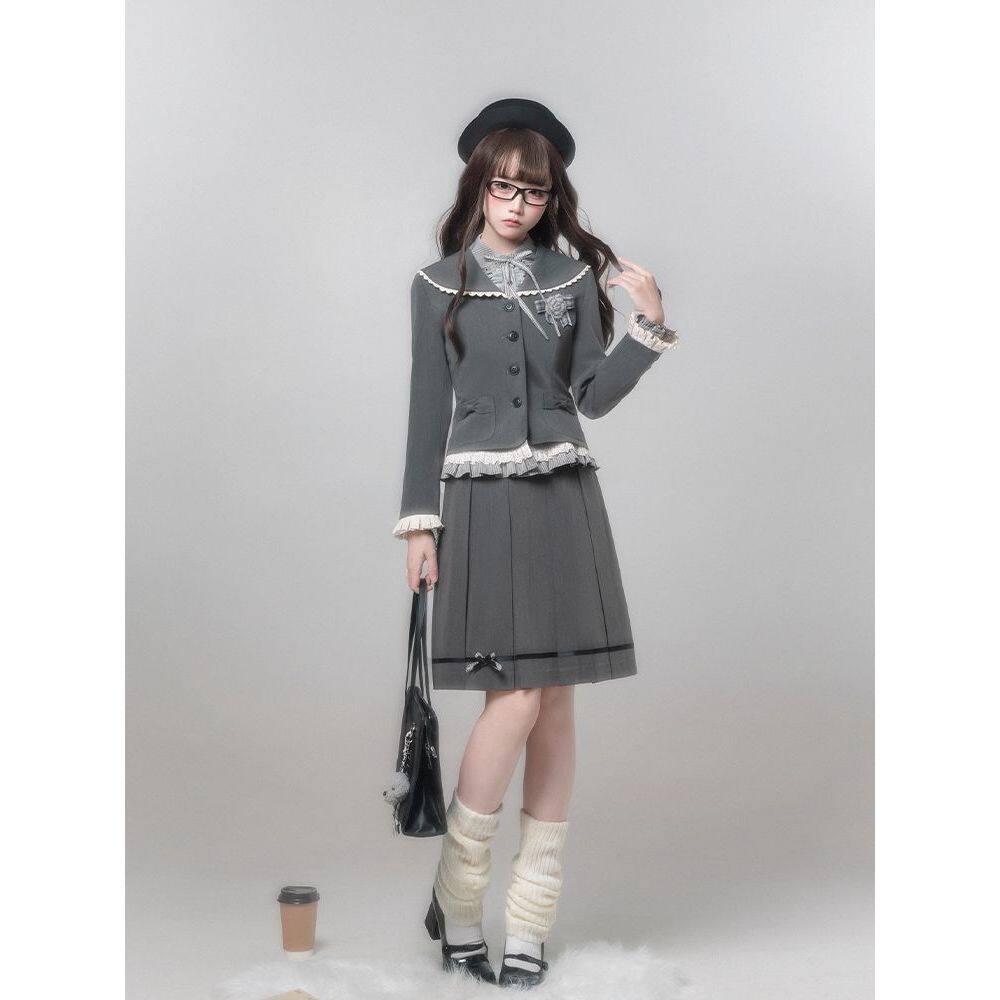 【烬书结霜】优雅jk制服学院风格拼接外套+半身裙+衬衫美萌套装女