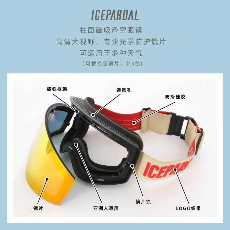 ICEPARDAL新款滑雪防雾护目镜防风柱面磁吸单双板日本大视野