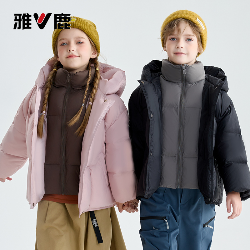 雅鹿儿童假两件高领防风羽绒服