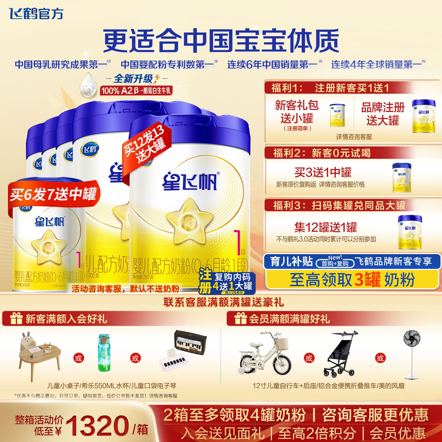 【会员】飞鹤星飞帆1段奶粉官方旗舰店6罐700g新生婴儿一段正品