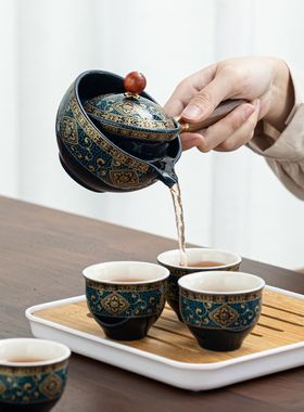 随行旅行茶具套装整套陶瓷x功夫自动旋转一壶四杯侧把壶泡茶器