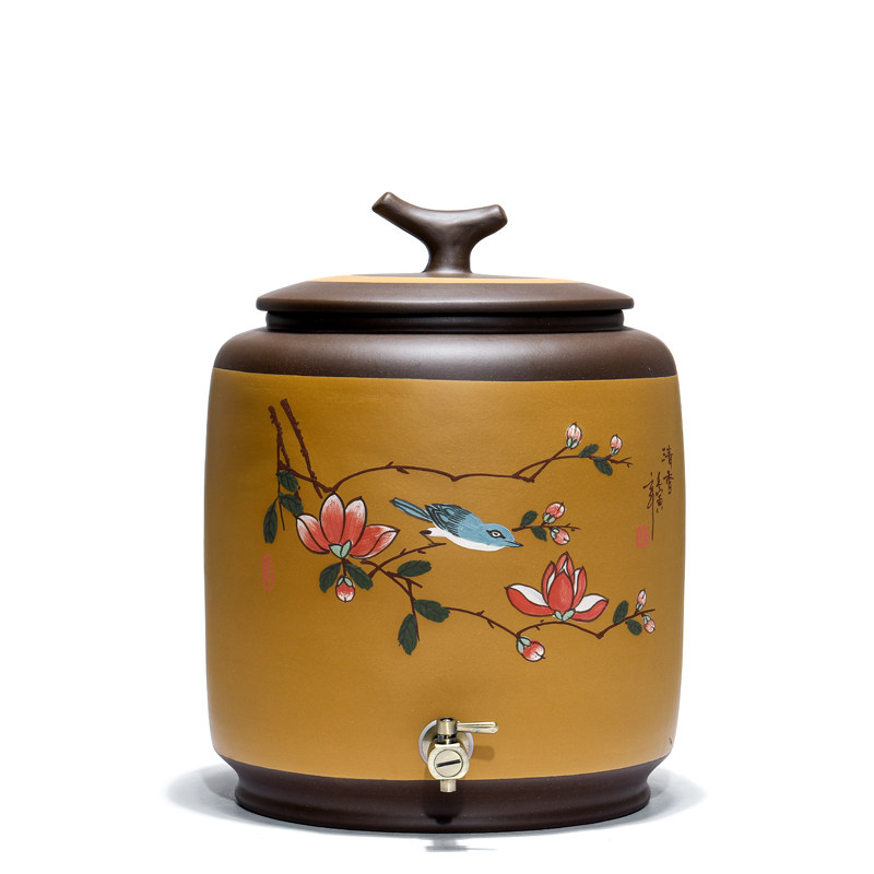 紫砂水缸b带龙头直饮茶水缸盖子带孔储水罐家用饮水缸抽水缸茶缸