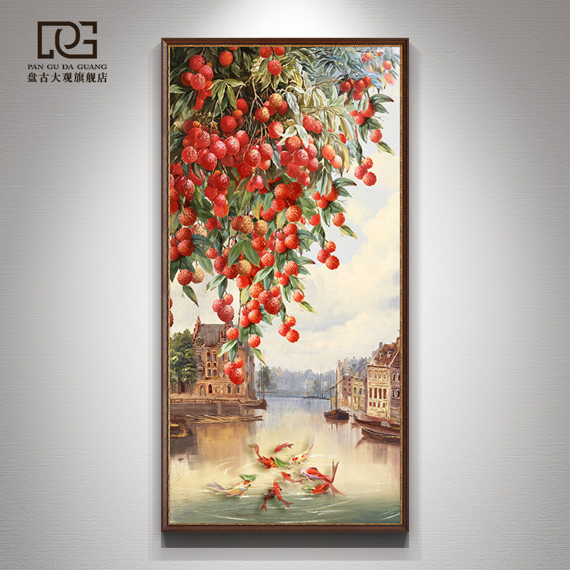 美式简约b手绘油画荔枝玄关装饰画红利满堂客厅挂画大芬村九鱼图