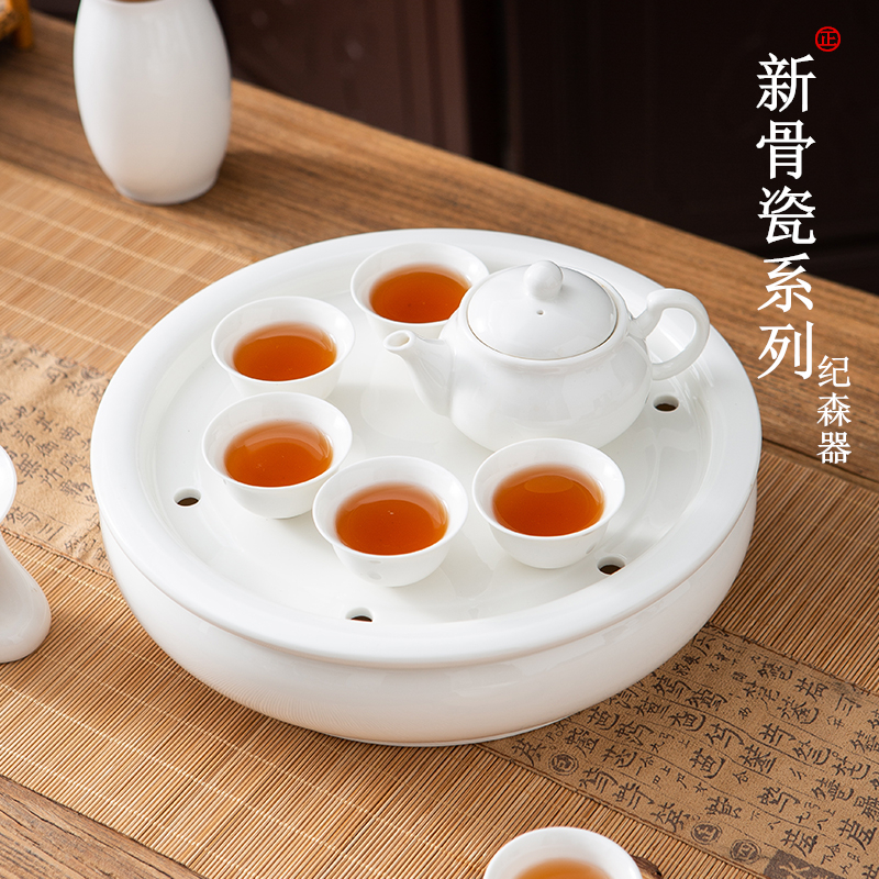 整套潮汕白瓷功夫茶具套装家用陶瓷茶壶茶杯圆形茶盘简Y约茶具套