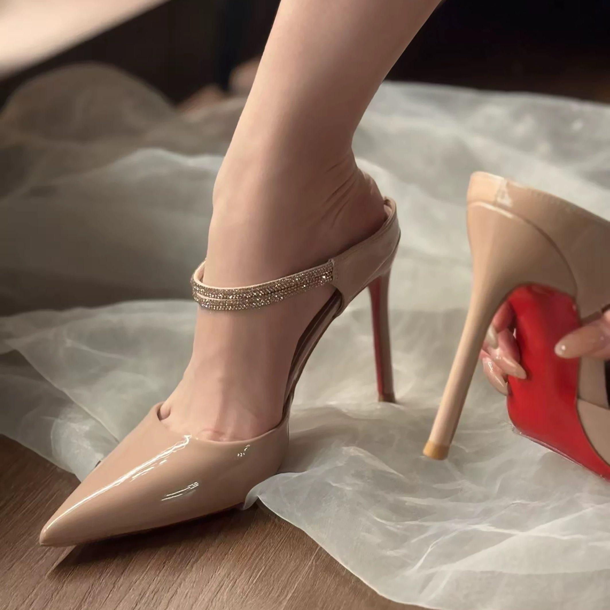 2026秋新款尖头裸色红底水钻高跟凉鞋女御姐气质细跟包头两穿拖鞋,女鞋,一字带凉鞋,淘宝优惠券,粉丝福利购,淘宝优惠卷