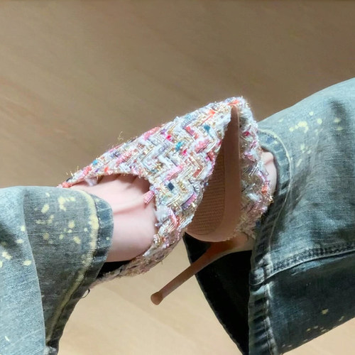 彩色小香风编织高跟鞋
