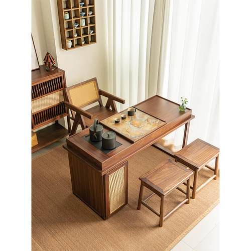 新中式茶桌椅组合北美黑胡桃木色茶室实木泡茶台阳台小茶桌椅组合