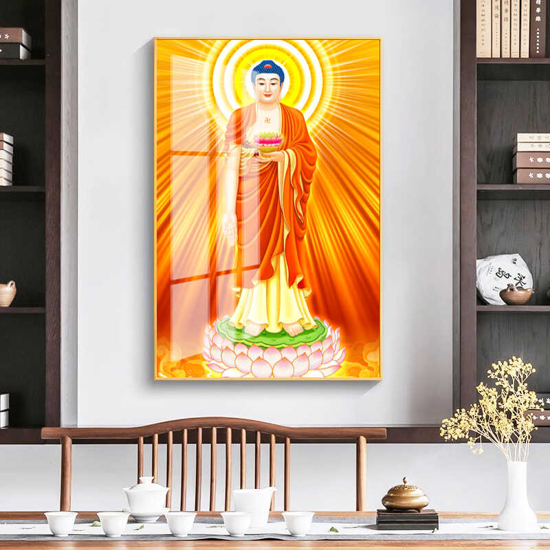 金色阿弥陀佛画像挂画净土宗装饰画寺庙佛像菩萨晶瓷画带框壁画