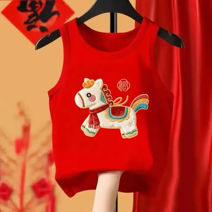 儿童背心本命年男童纯棉女童2026马年新年红色宝宝过年衣服