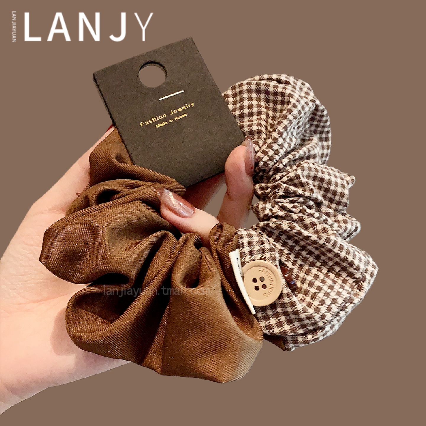 秋冬咖色格纹双拼大肠发圈韩系简约牛仔扎发头绳气质高级感发绳女