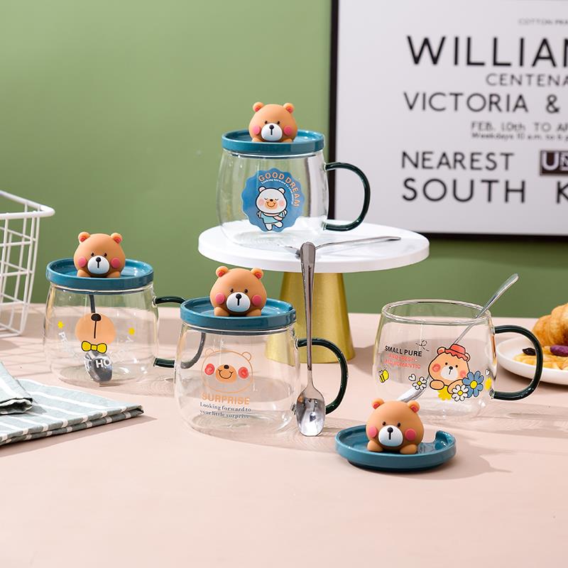 家用耐高温高硼硅干饭熊玻璃杯办公室咖啡杯水杯子带盖勺恒温杯垫