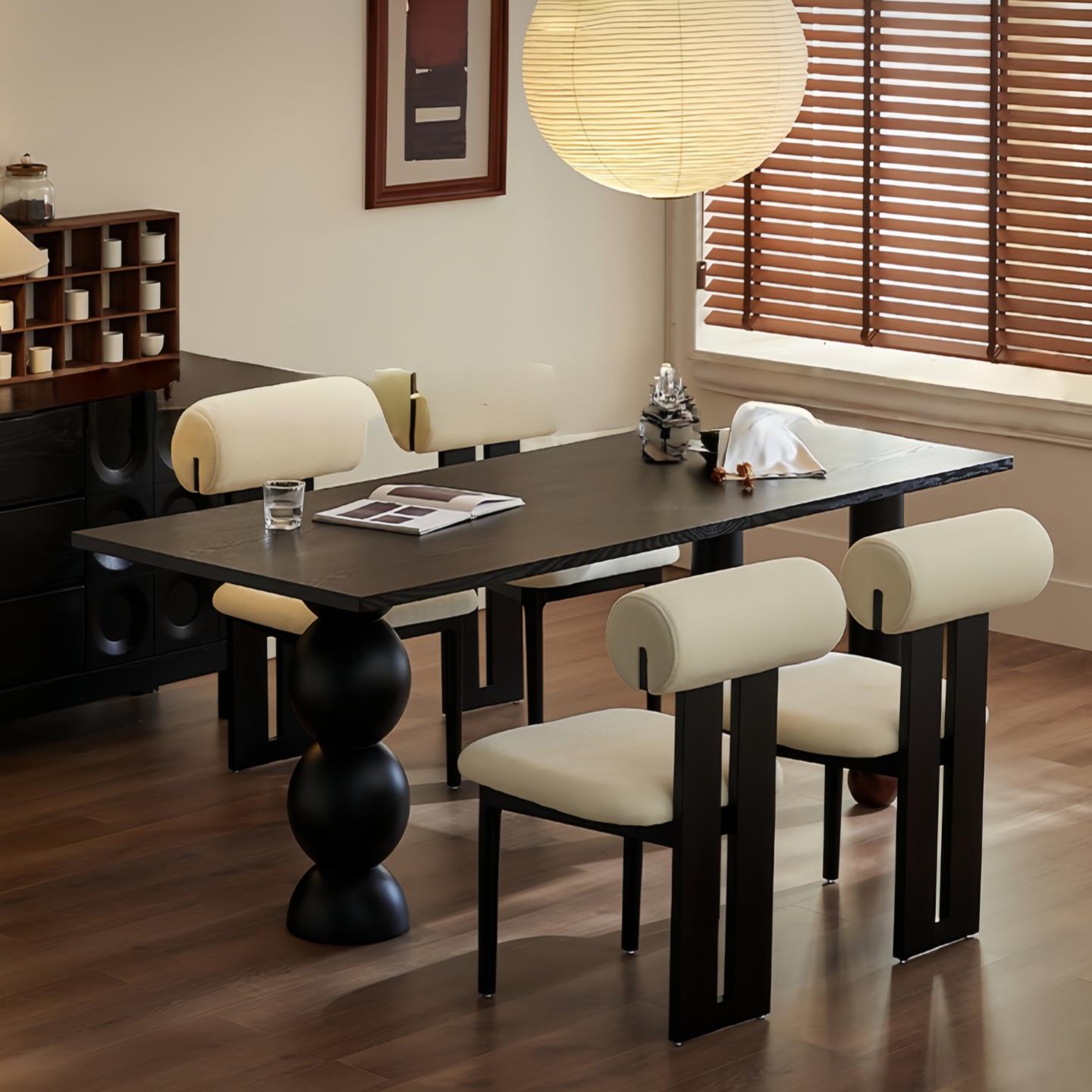 弄屋丨中古风黑色实木餐桌复古吃饭桌子家用方桌大板木桌子长方形