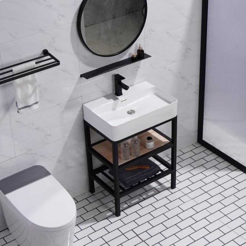 阳台陶瓷洗手盆不锈钢支架落地式洗脸盆小户型卫生间洗漱盆免打孔