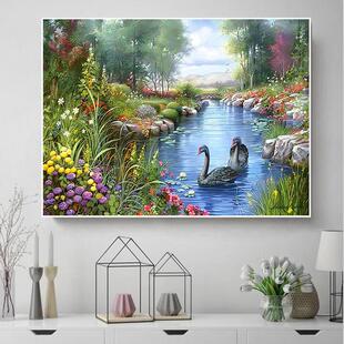 钻石画2025新田园美景天鹅湖5D钻石十字绣客厅餐厅卧室满是钻石