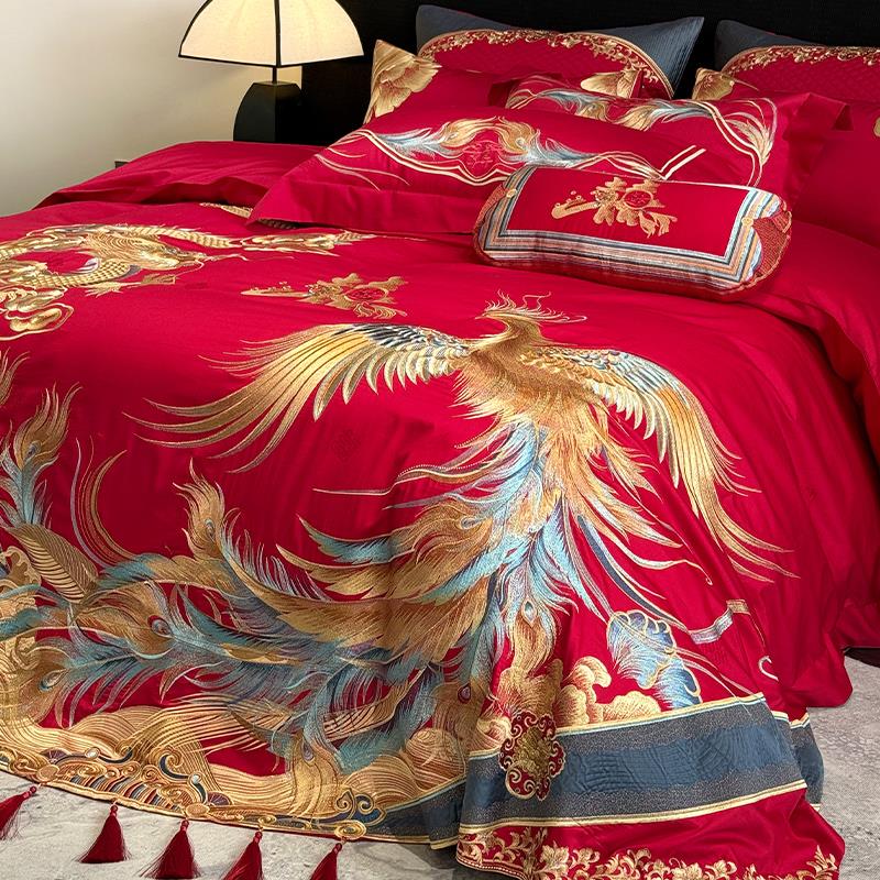中式龙凤新婚庆床组四件套全棉100支刺绣大红色结婚房2米被套床单