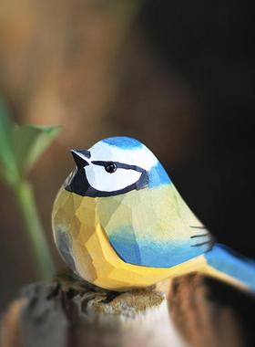 鹿妖商店 肥啾木雕小鸟 礼物 蓝山雀小胖鸟 纯手工 实木桌面摆件