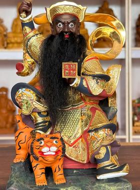 武财神赵公明香樟木雕刻彩绘骑虎五路财神爷家用供奉神像摆件玄坛