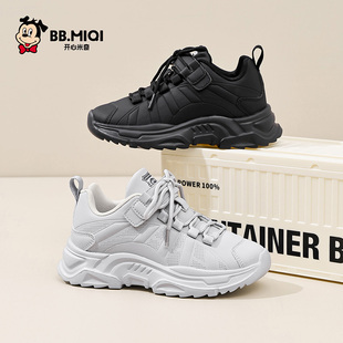 开心米奇男童鞋2025春秋新款小白鞋革面防水舒适百搭儿童运动鞋黑