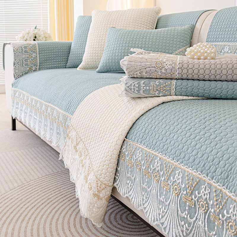 速发垫清新蓝色纯棉沙发小四季沙用防滑垫子简约盖布蕾丝通发套罩