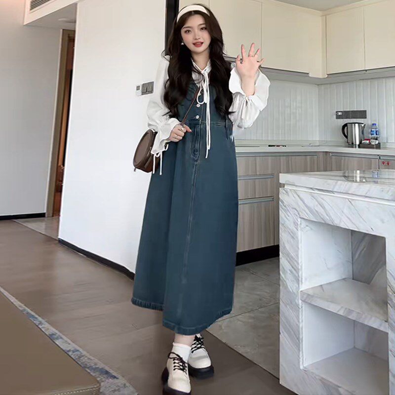 速发大码防晒长袖连微法衣v领复古牛仔背心白式裙