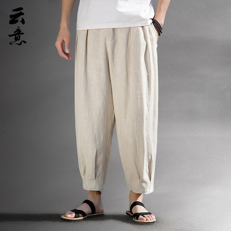 速发裤季中国风亚麻夏男宽松阔腿休闲裤子风古复棉麻九分裤哈伦萝