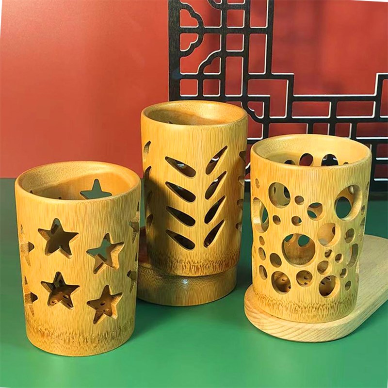 速发镂空竹可圆形笔公收纳盒办筒室桌面笔桶轻奢风创意时尚木爱