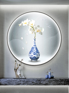 速发青花瓷入户玄式装饰画新中关圆形挂画灯画客厅茶室壁门进画画
