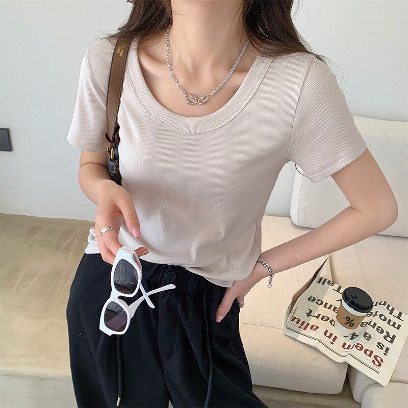 现货女夏季202m3新款大圆领内搭螺纹纯色半袖修身显瘦上衣