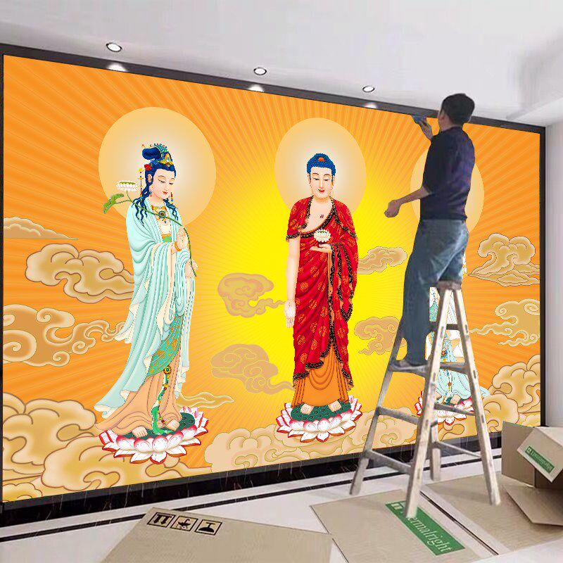 速发西方三圣佛引接壁纸背景墙壁布西阿极乐世界壁纸方弥陀佛