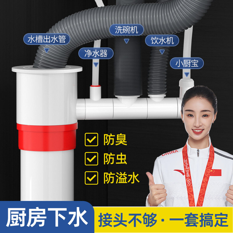 速发排房下水管三头通下水道水槽厨水管机水器洗碗分净水器多功能