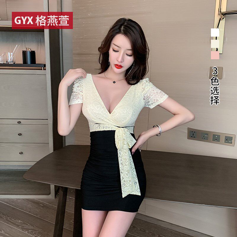 速发新款性感V领蕾丝包臀连衣裙夜场上班作子沐师技足工裙服