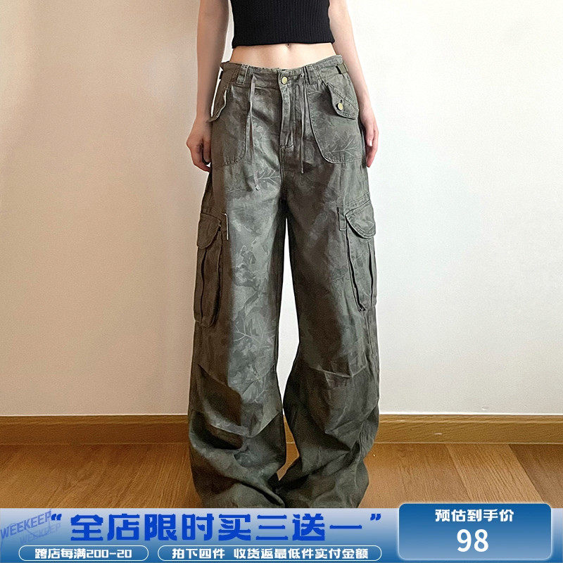 速发WEE搭 美式复古迷彩工装裤嘻哈百P帅气宽松垂感牛仔休闲裤潮