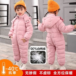 大童连体羽绒裤2025年新款加厚保暖外出爬服中长款
