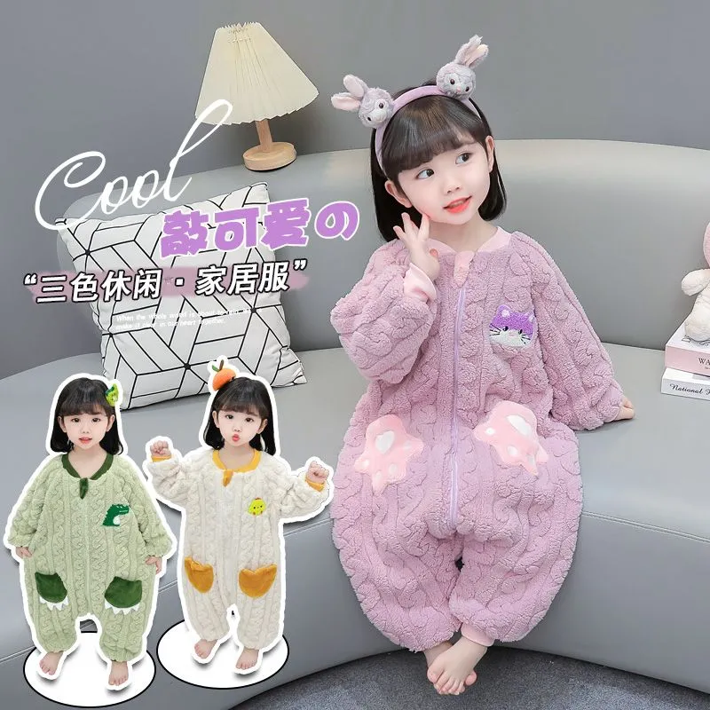 儿童睡衣秋冬季a类法兰绒婴儿加厚2男女宝宝睡袋女童珊瑚绒连体衣