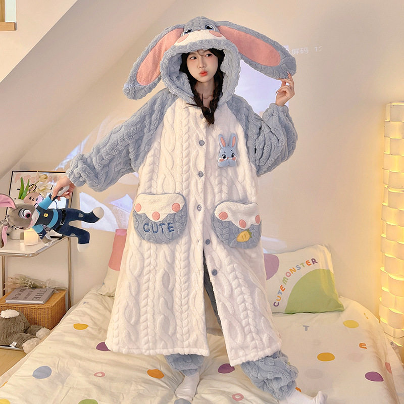 睡衣女秋冬季加绒加厚学生睡袍可外穿珊瑚绒可爱法兰绒套装家居服