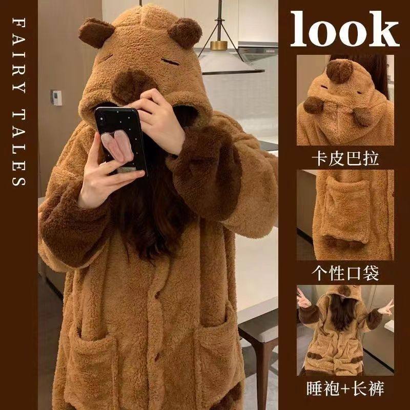 小浣熊珊瑚绒睡衣女学生冬季加厚长款可爱睡袍宿舍可外穿家居服